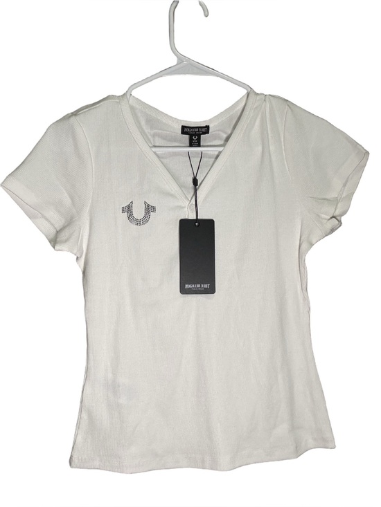 True Religion Tops - True Religion White Short Sleeve V-Neck Tee with Rhinestone Horseshoe
